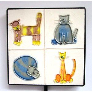 Ceramic Tile Art - Four Cats/Kitties Wall Hanger with Hook - Kingdom Wall Signed